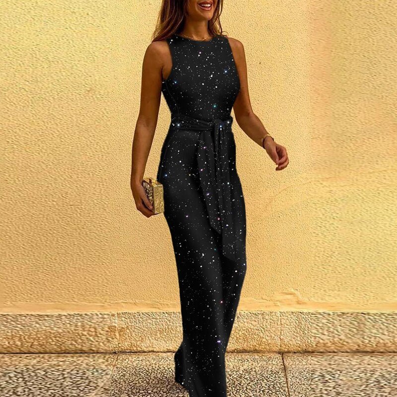 Gold Sequin Sleeveless Wide-Leg Jumpsuit with Waist Tie 5