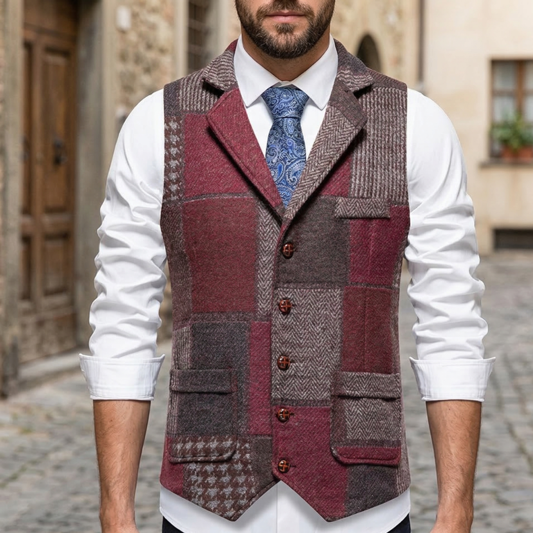 Men's Tweed Patchwork Vest | Tailored Vintage Waistcoat with Earthy Tones 4