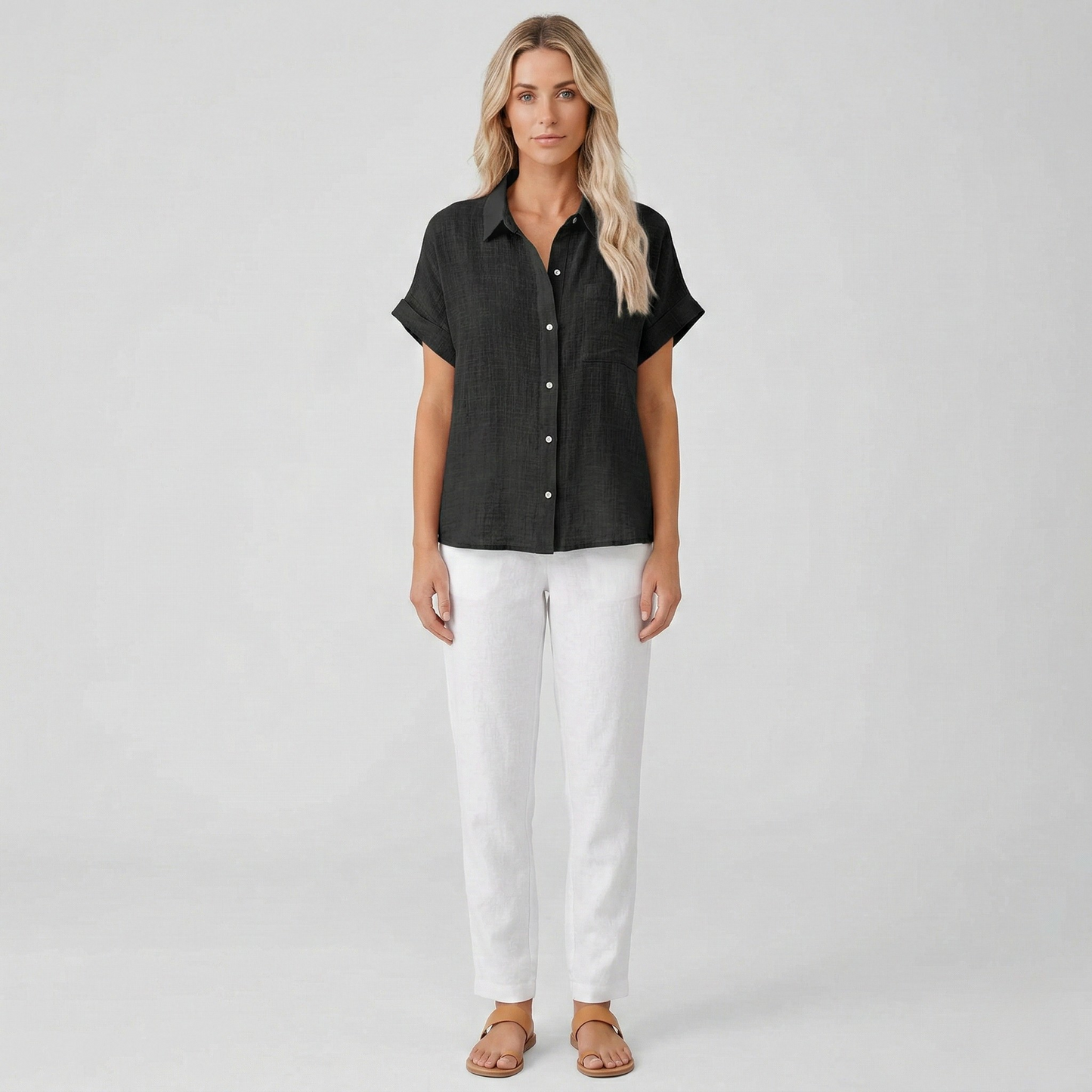 Women's Linen Shirt Short Sleeve Summer Blouse with Buttons 6