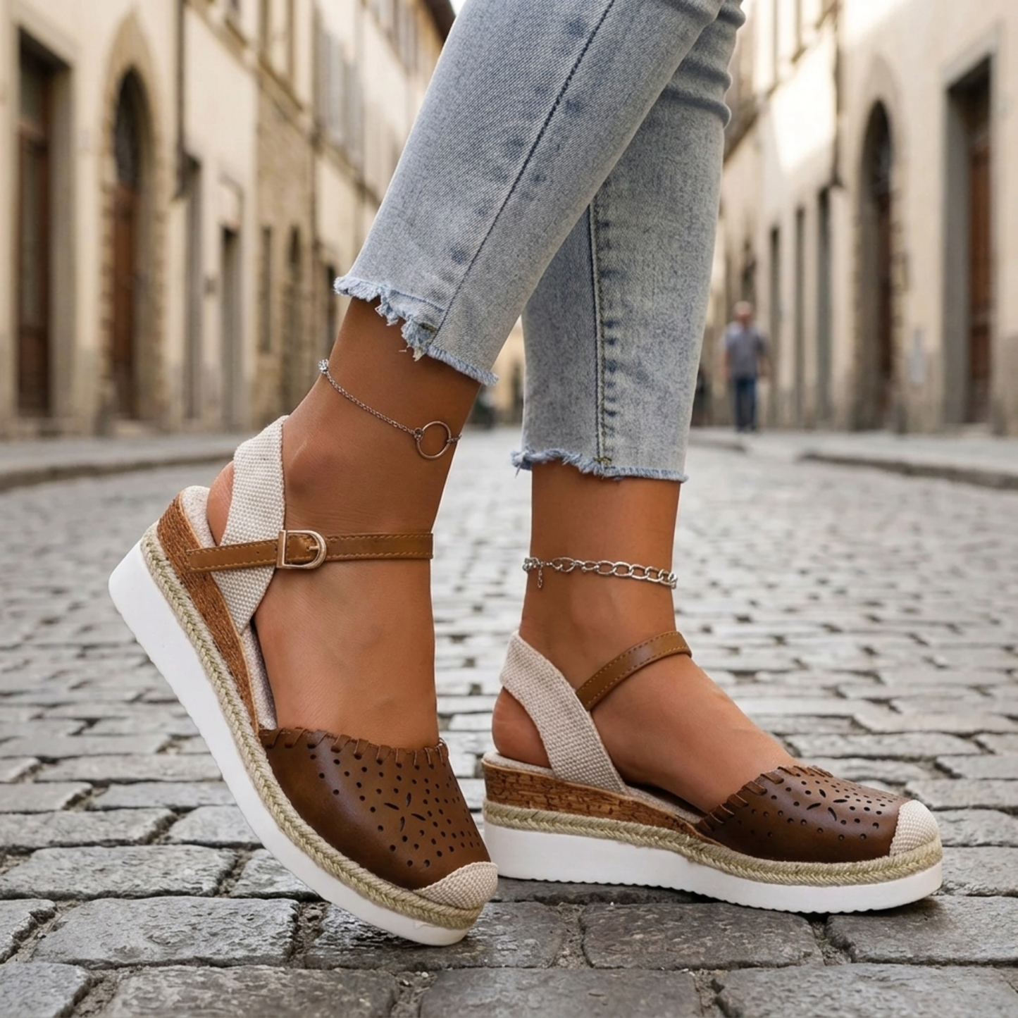Women's Perforated Synthetic Espadrille Wedge Sandals | Chic Adjustable Ankle Strap Shoes 6