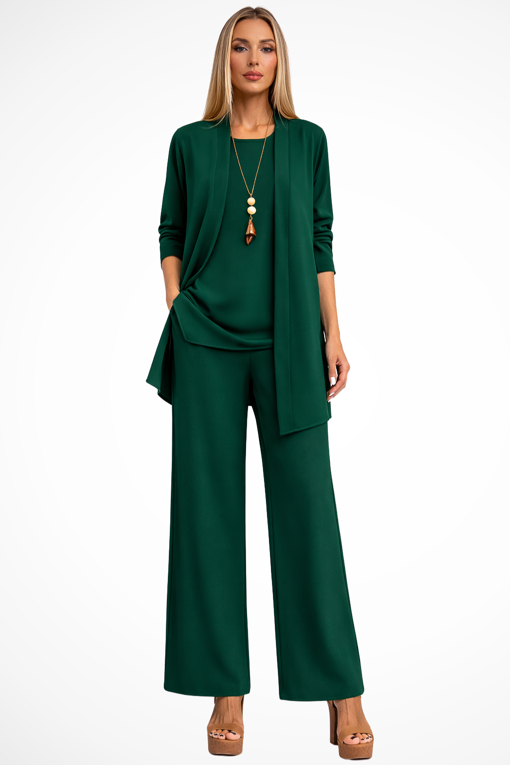 Women's Structured Fabric 3-Piece Set | Elegant Cardigan, Sleeveless Top & Wide-Leg Trousers 11