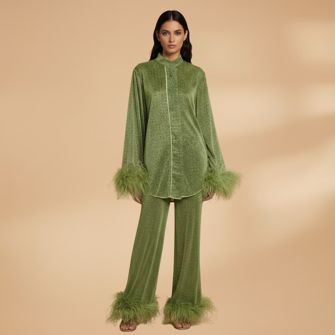 Women's Textured Two-Piece Set | Elegant Button-Front Shirt with Feather Trim and Straight-Leg Trousers 6