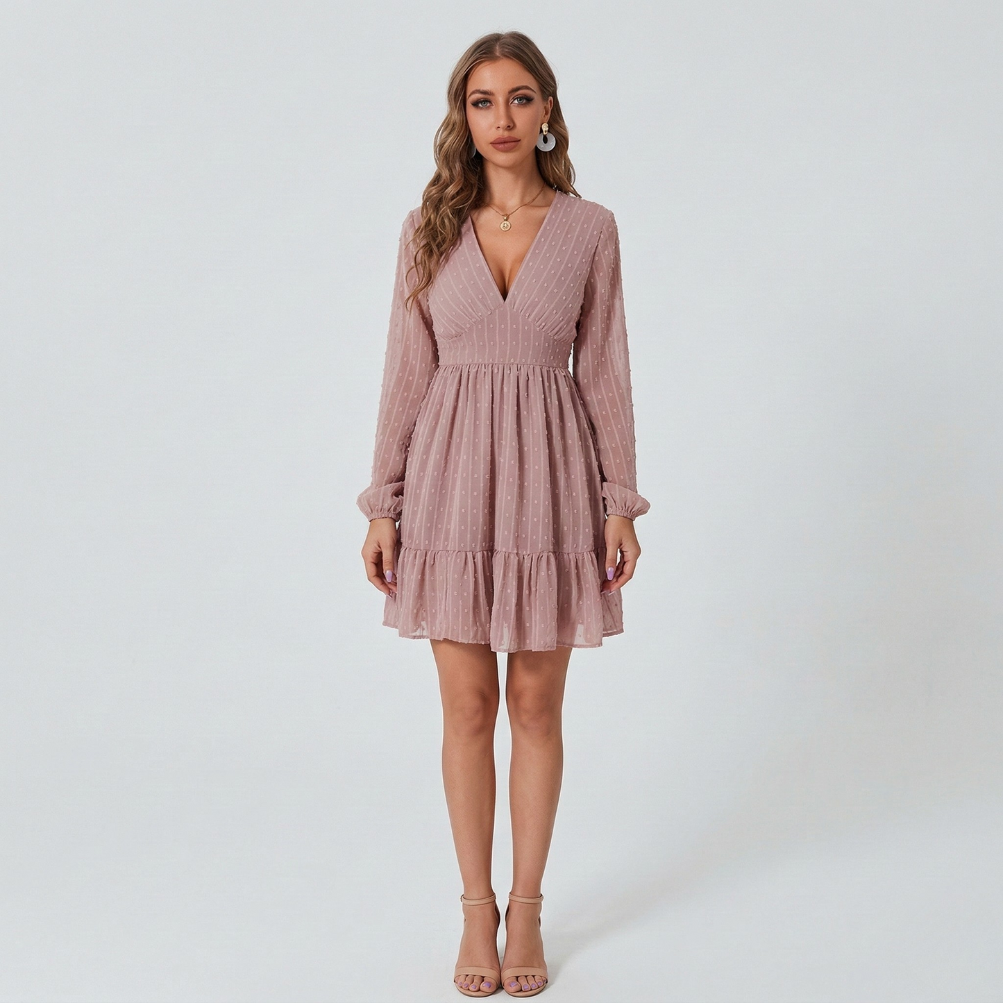 Women's short dress with V-neck, long sleeves, elegant chiffon dress with ruffles 5
