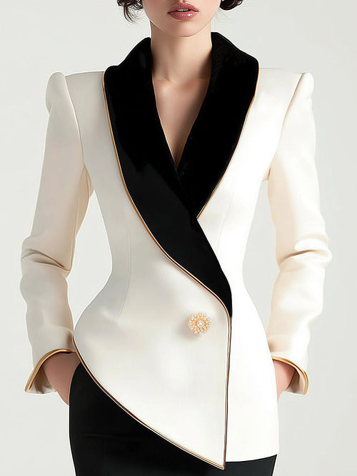 Elegant Asymmetrical White Blazer with Black Contrast Lapels 0