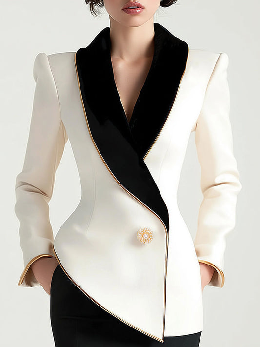 Elegant Asymmetrical White Blazer with Black Contrast Lapels 0