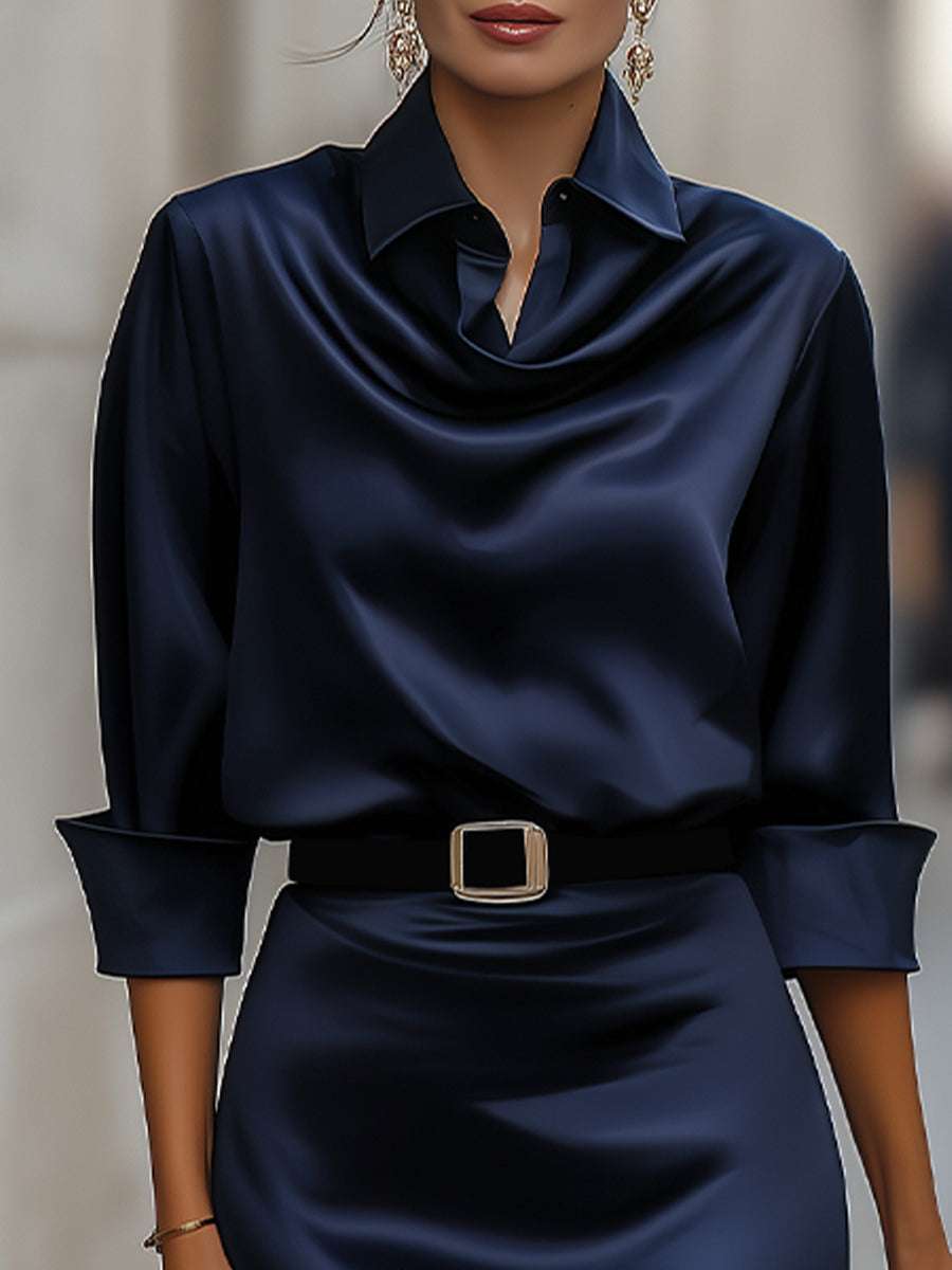 Elegant Satin Draped-Collar Midi Dress With Black Belt 2