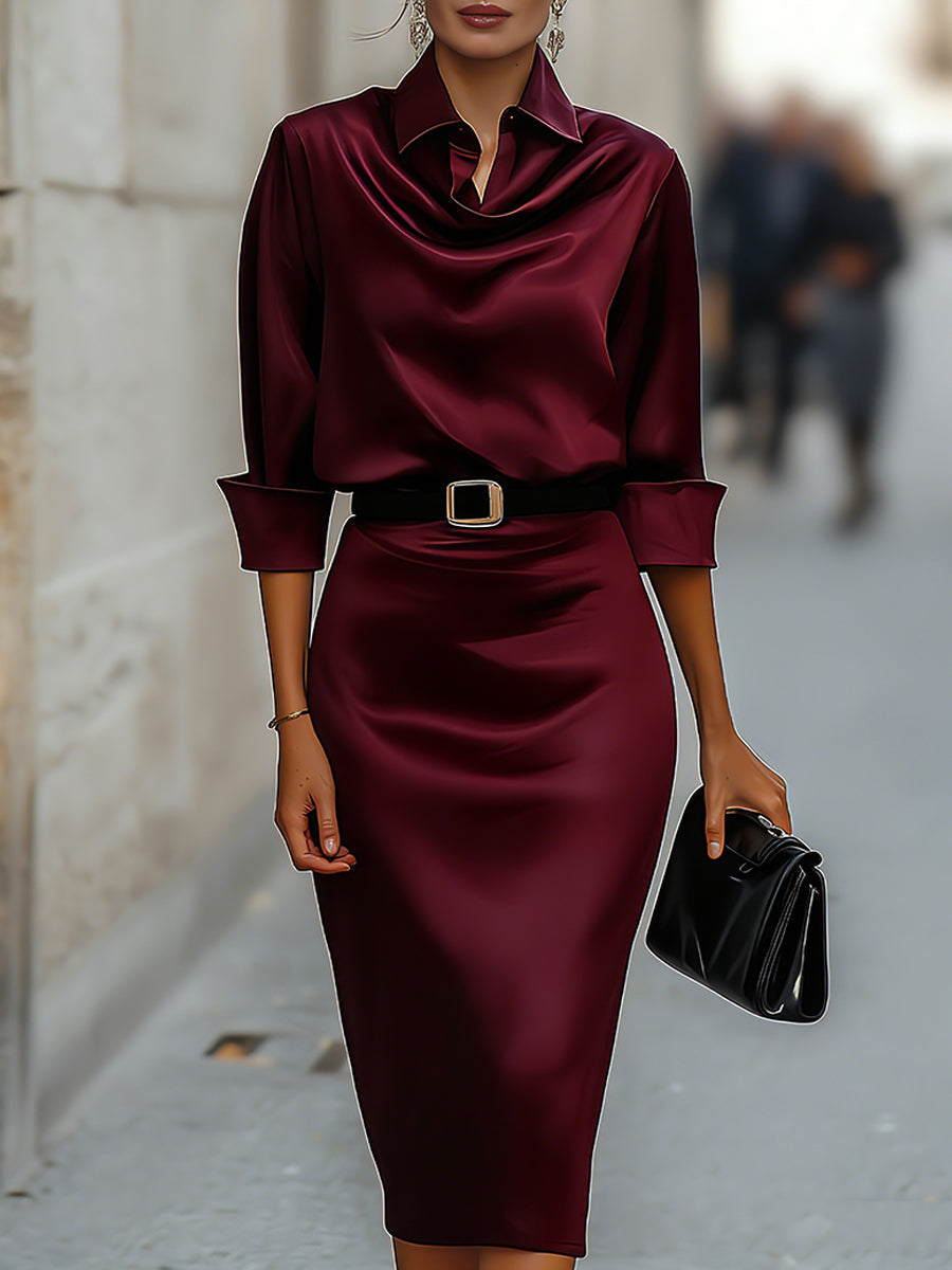 Elegant Satin Draped-Collar Midi Dress With Black Belt 5
