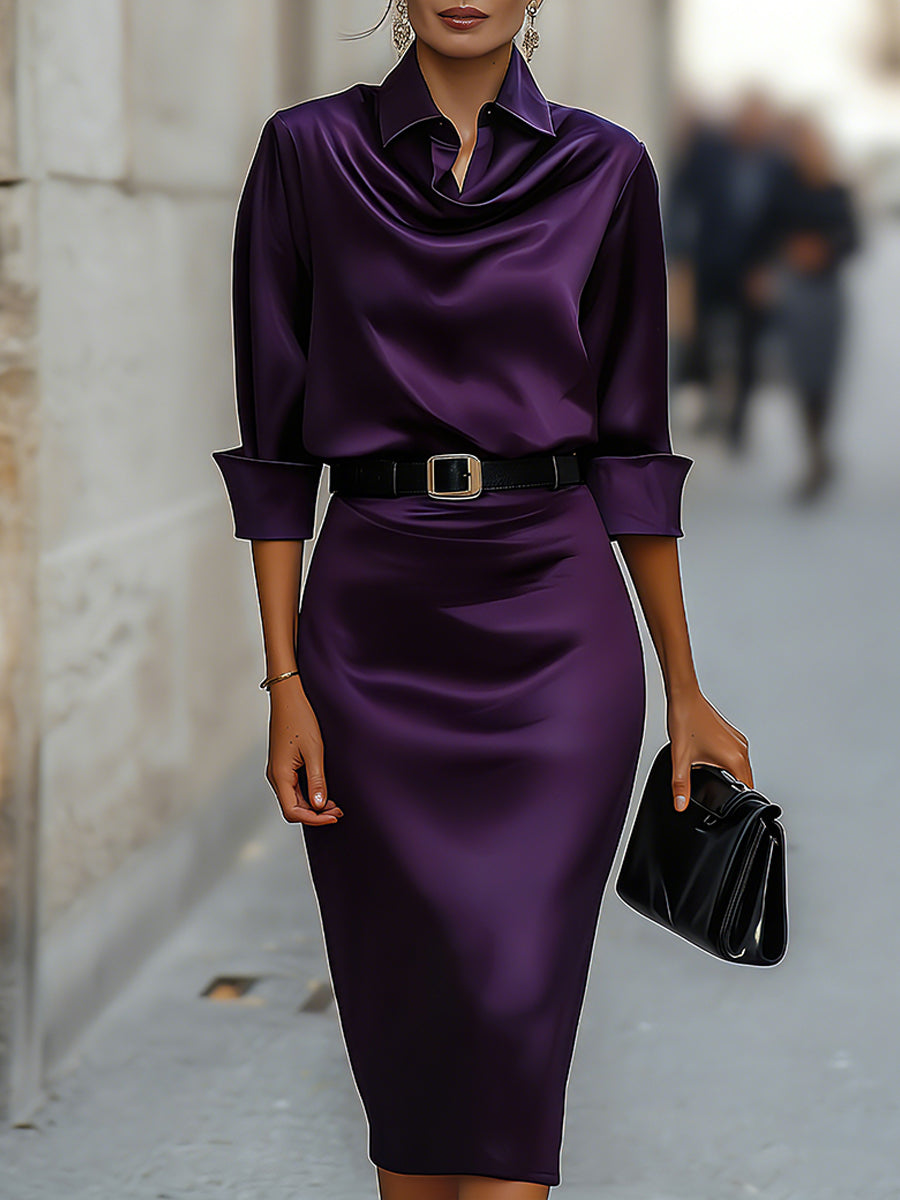 Elegant Satin Draped-Collar Midi Dress With Black Belt 7