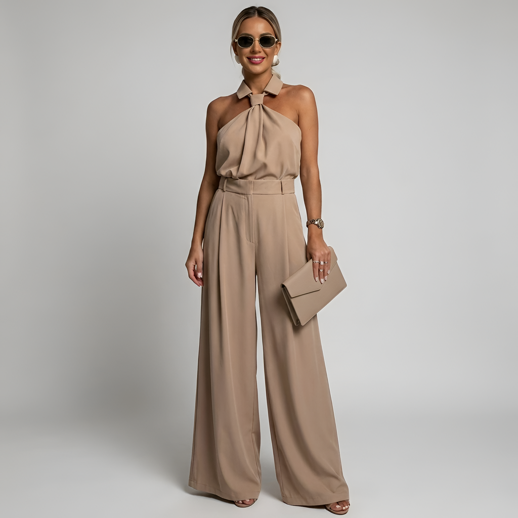 Elegant Women's Palazzo Pants and High Neck Halter Top Jumpsuit 0