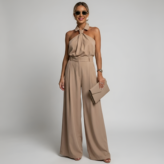 Elegant Women's Palazzo Pants and High Neck Halter Top Jumpsuit 0