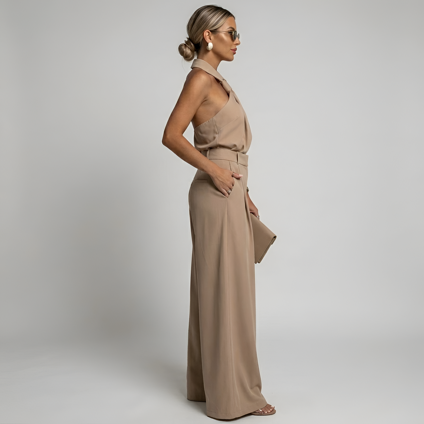 Elegant Women's Palazzo Pants and High Neck Halter Top Jumpsuit 1