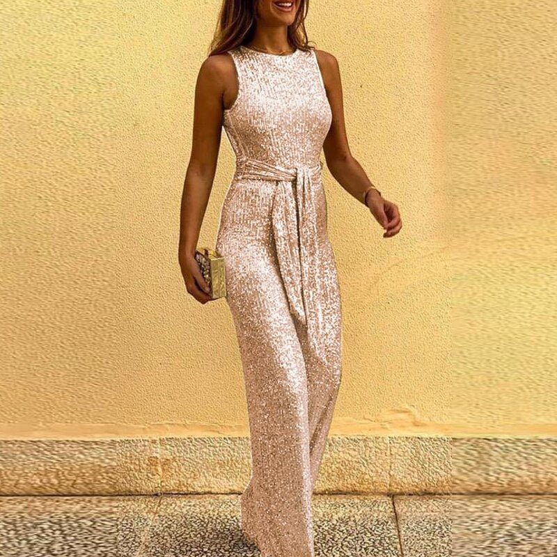 Gold Sequin Sleeveless Wide-Leg Jumpsuit with Waist Tie 1