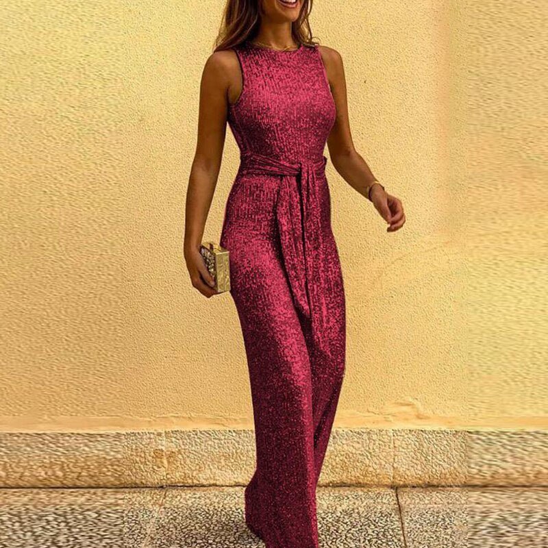 Gold Sequin Sleeveless Wide-Leg Jumpsuit with Waist Tie 3