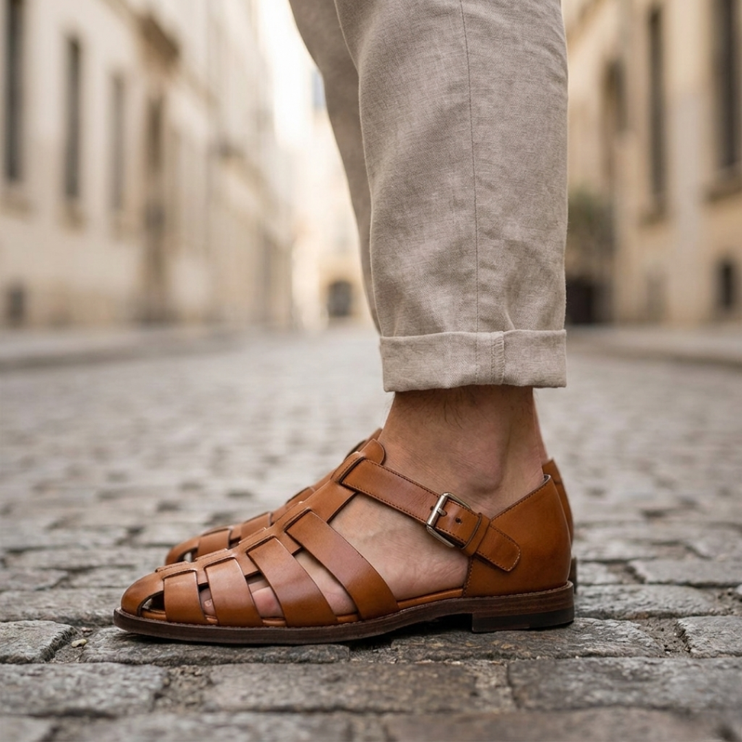 Men's Brown Leather Closed Toe Sandals | Comfortable Adjustable Summer Footwear 0