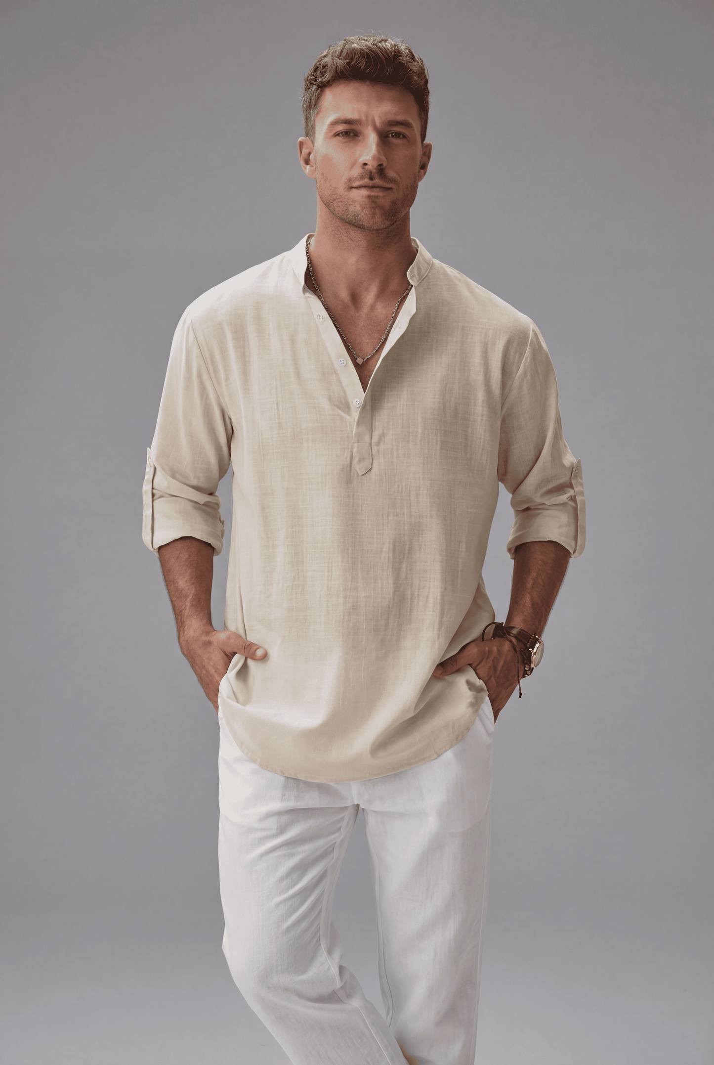 Men’s Linen Style Long Sleeve Henley Shirt Lightweight Breathable Shirt