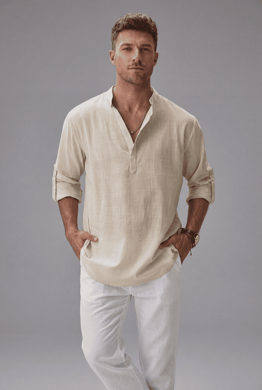 Men’s Linen Style Long Sleeve Henley Shirt Lightweight Breathable Shirt
