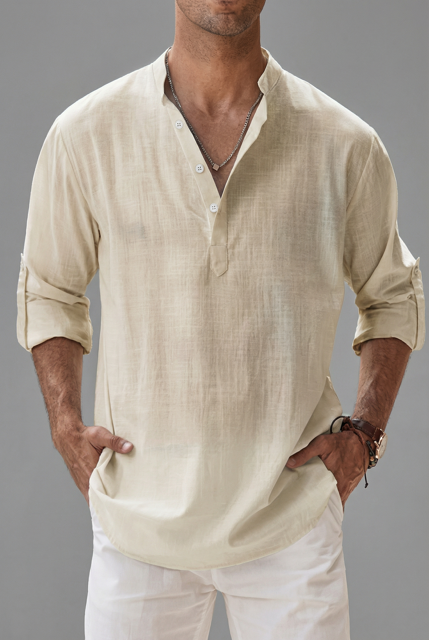 Men’s Linen Style Long Sleeve Henley Shirt Lightweight Breathable Top 1