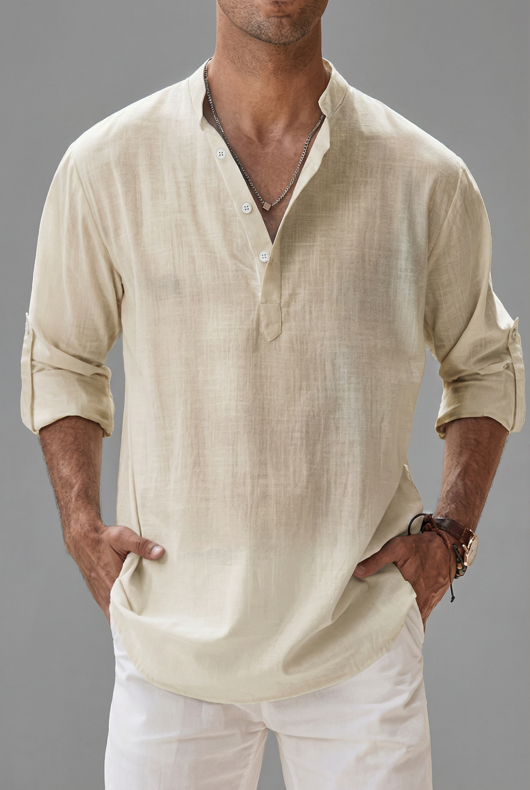 Men’s Linen Style Long Sleeve Henley Shirt Lightweight Breathable Top 1