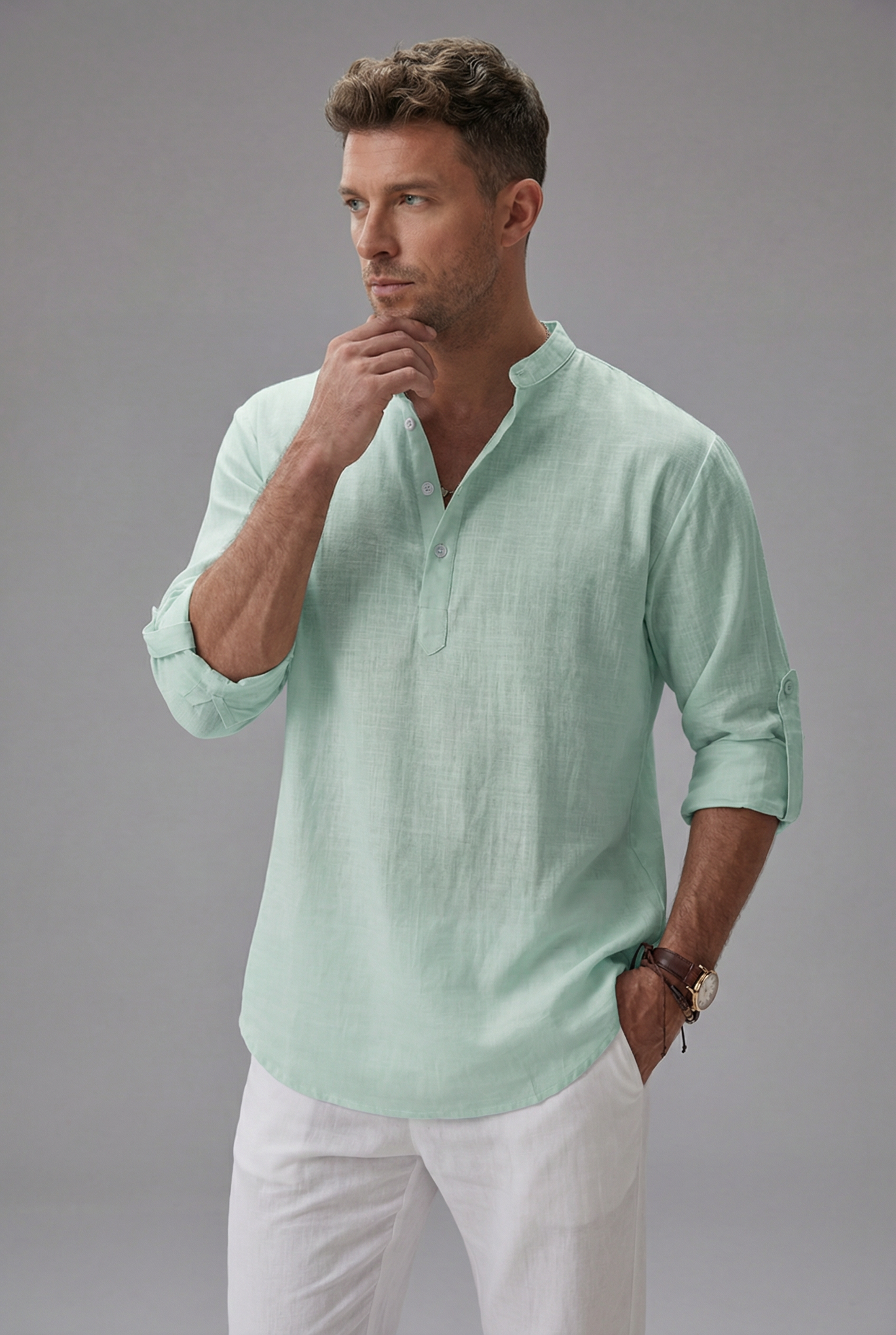 Men’s Linen Style Long Sleeve Henley Shirt Lightweight Breathable Top 2