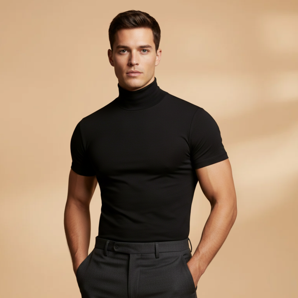 Men's Stretchy Roll Neck T-Shirt | Slim-Fit Versatile Layering Top for All-Year Wear 0