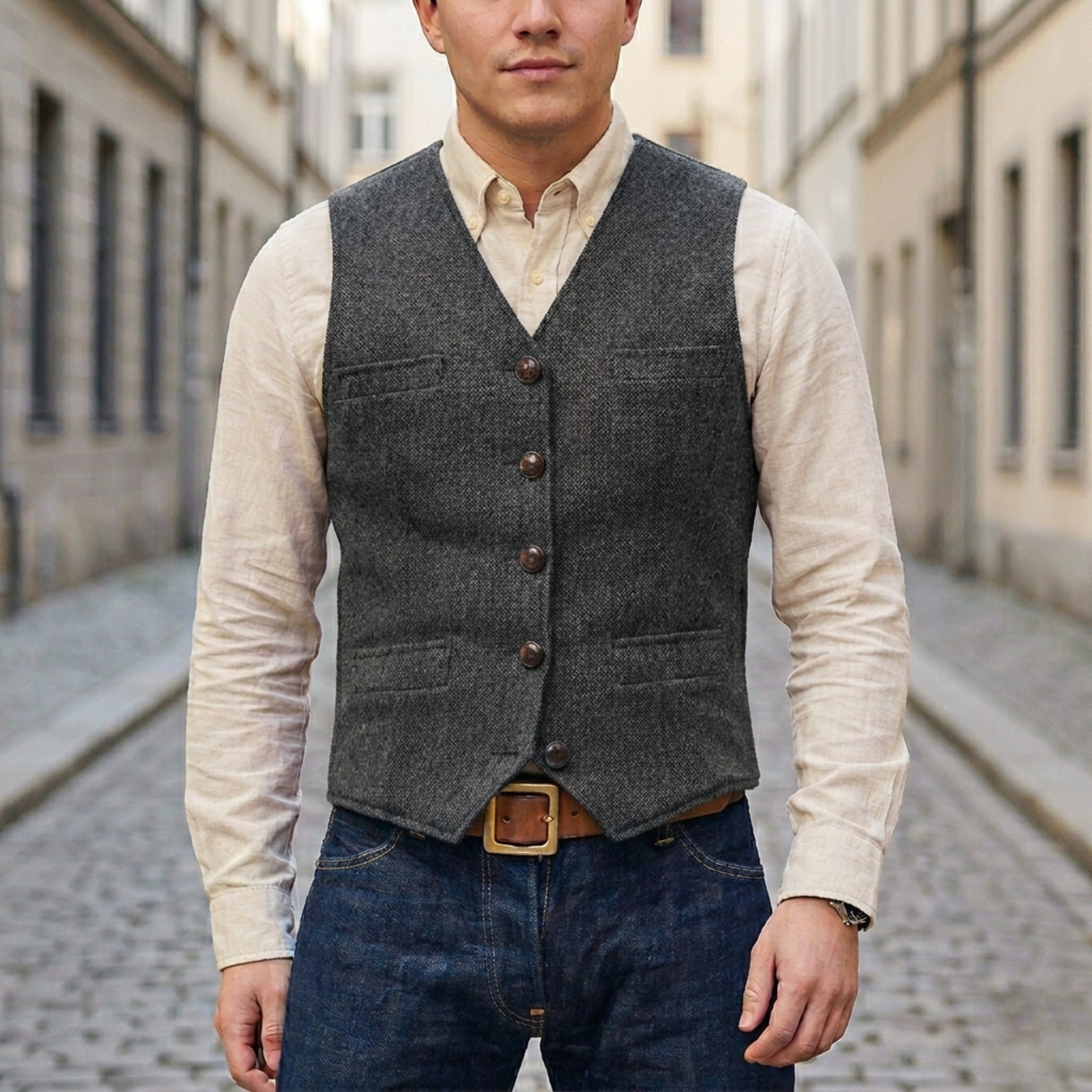 Men's Textured Tweed Waistcoat | Classic V-Neck Tailored Vest for Smart-Casual Style 0