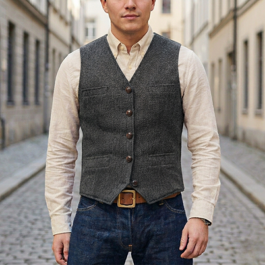 Men's Textured Tweed Waistcoat | Classic V-Neck Tailored Vest for Smart-Casual Style 0