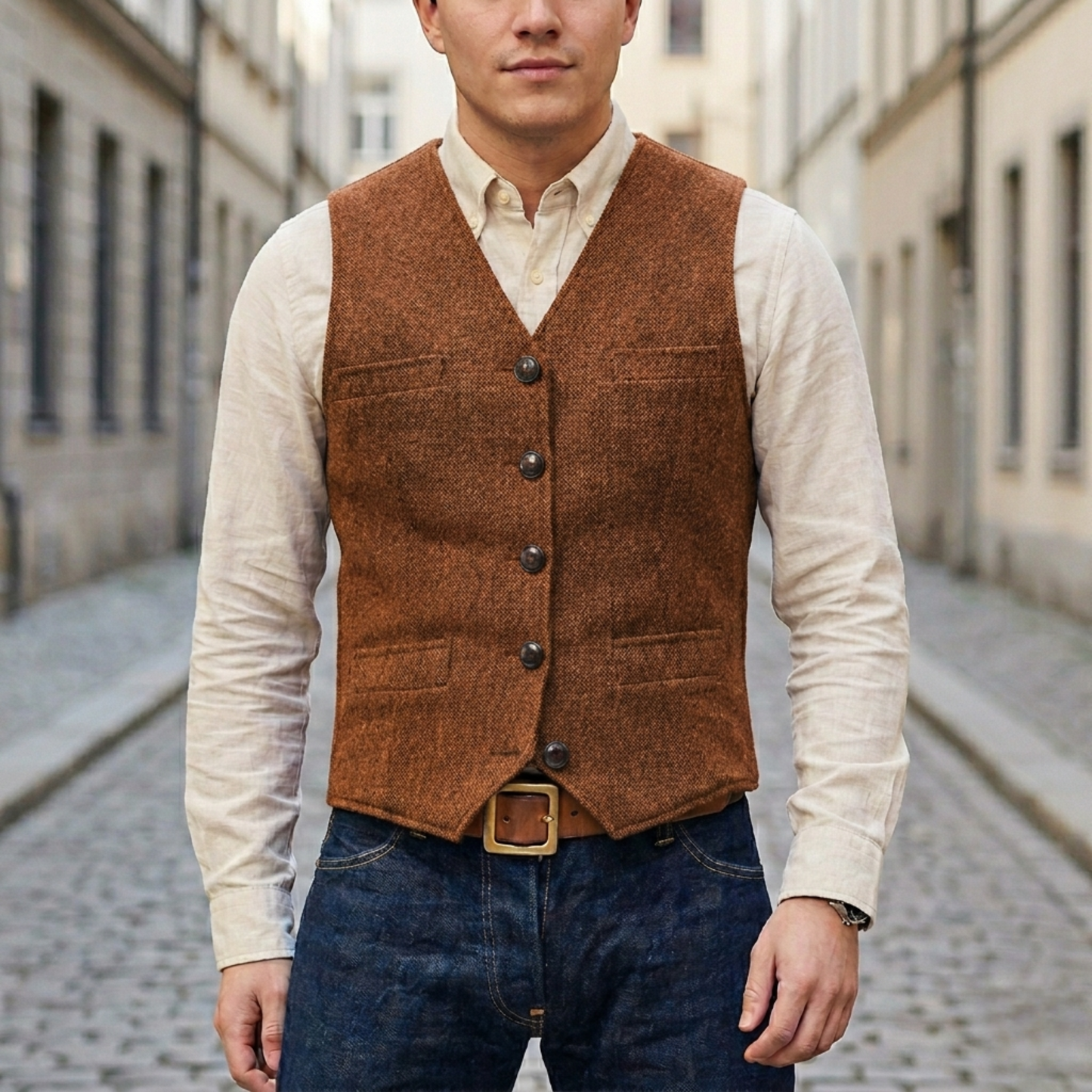 Men's Textured Tweed Waistcoat | Classic V-Neck Tailored Vest for Smart-Casual Style 6