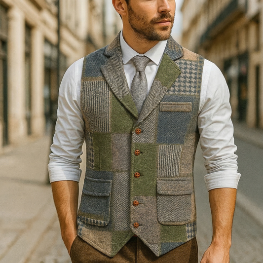 Men's Tweed Patchwork Vest | Tailored Vintage Waistcoat with Earthy Tones 0
