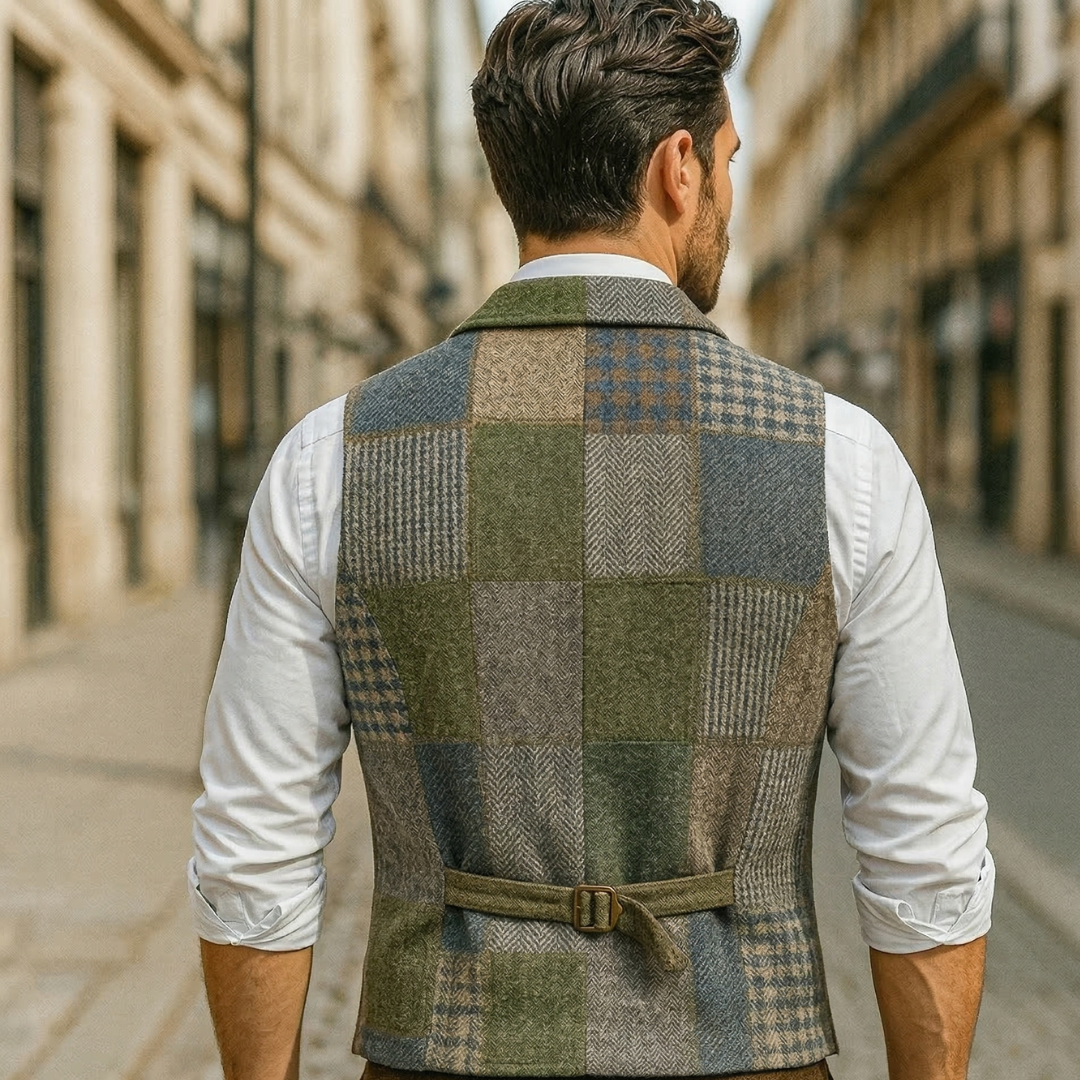 Men's Tweed Patchwork Vest | Tailored Vintage Waistcoat with Earthy Tones 1