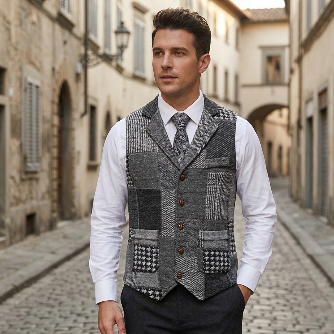 Men's Tweed Patchwork Vest | Tailored Vintage Waistcoat with Earthy Tones 3