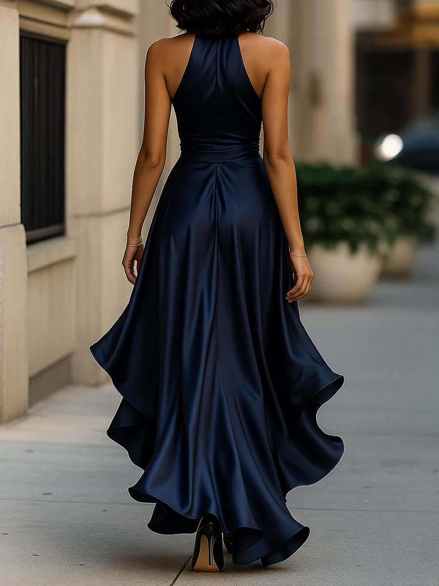 Midnight Elegance Satin Halter Ruffle Gown 1