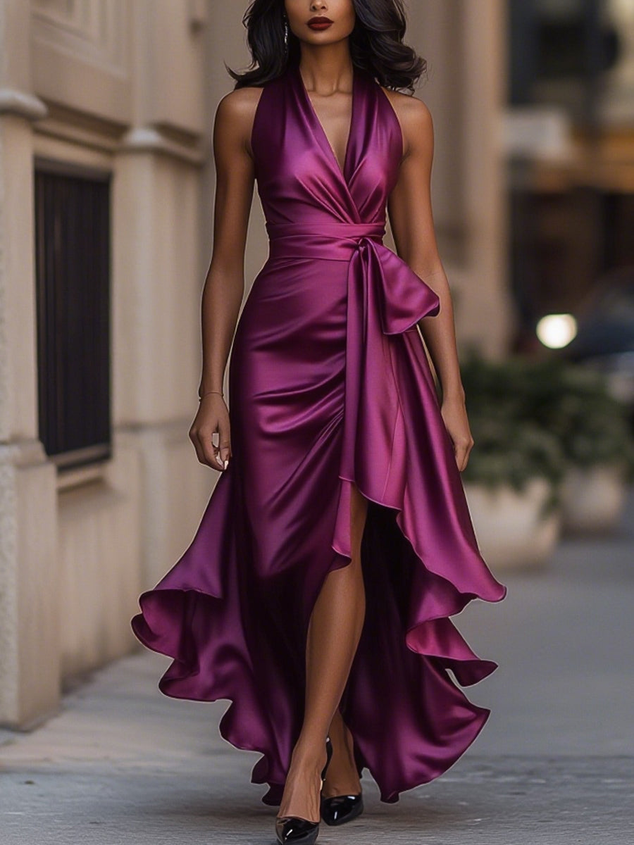 Midnight Elegance Satin Halter Ruffle Gown 14