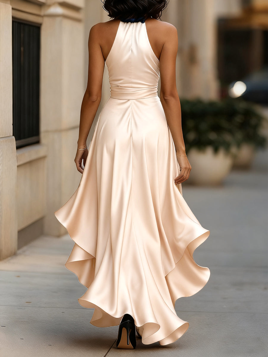Midnight Elegance Satin Halter Ruffle Gown 5