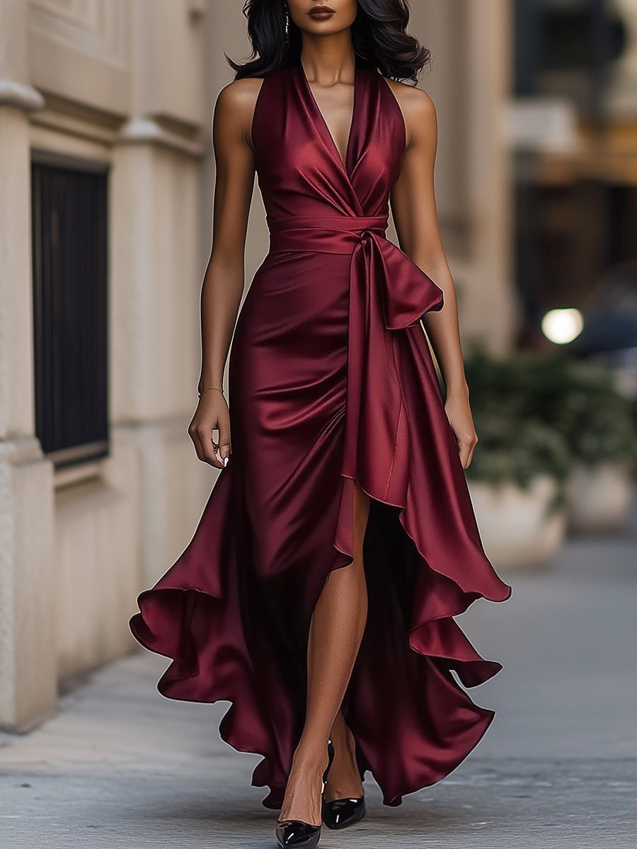 Midnight Elegance Satin Halter Ruffle Gown 6
