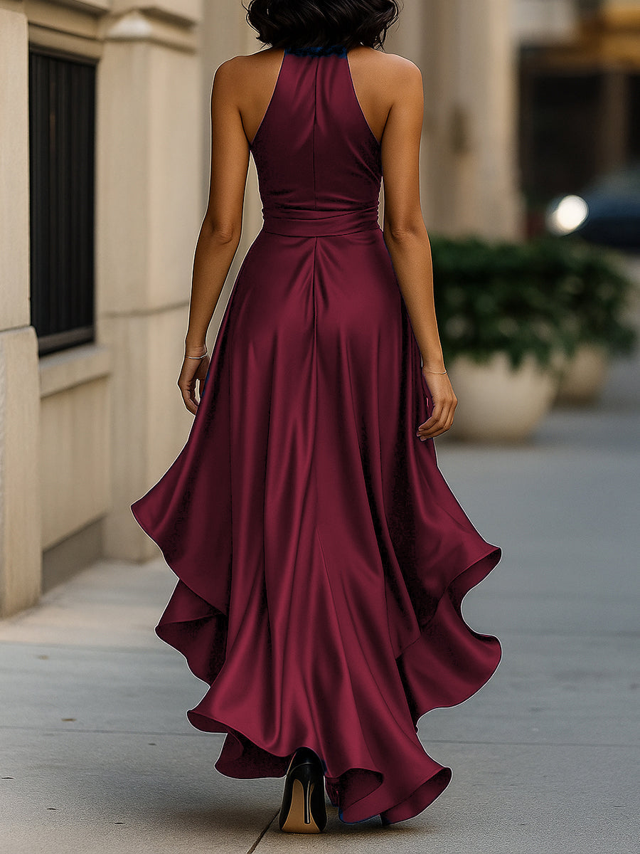 Midnight Elegance Satin Halter Ruffle Gown 7