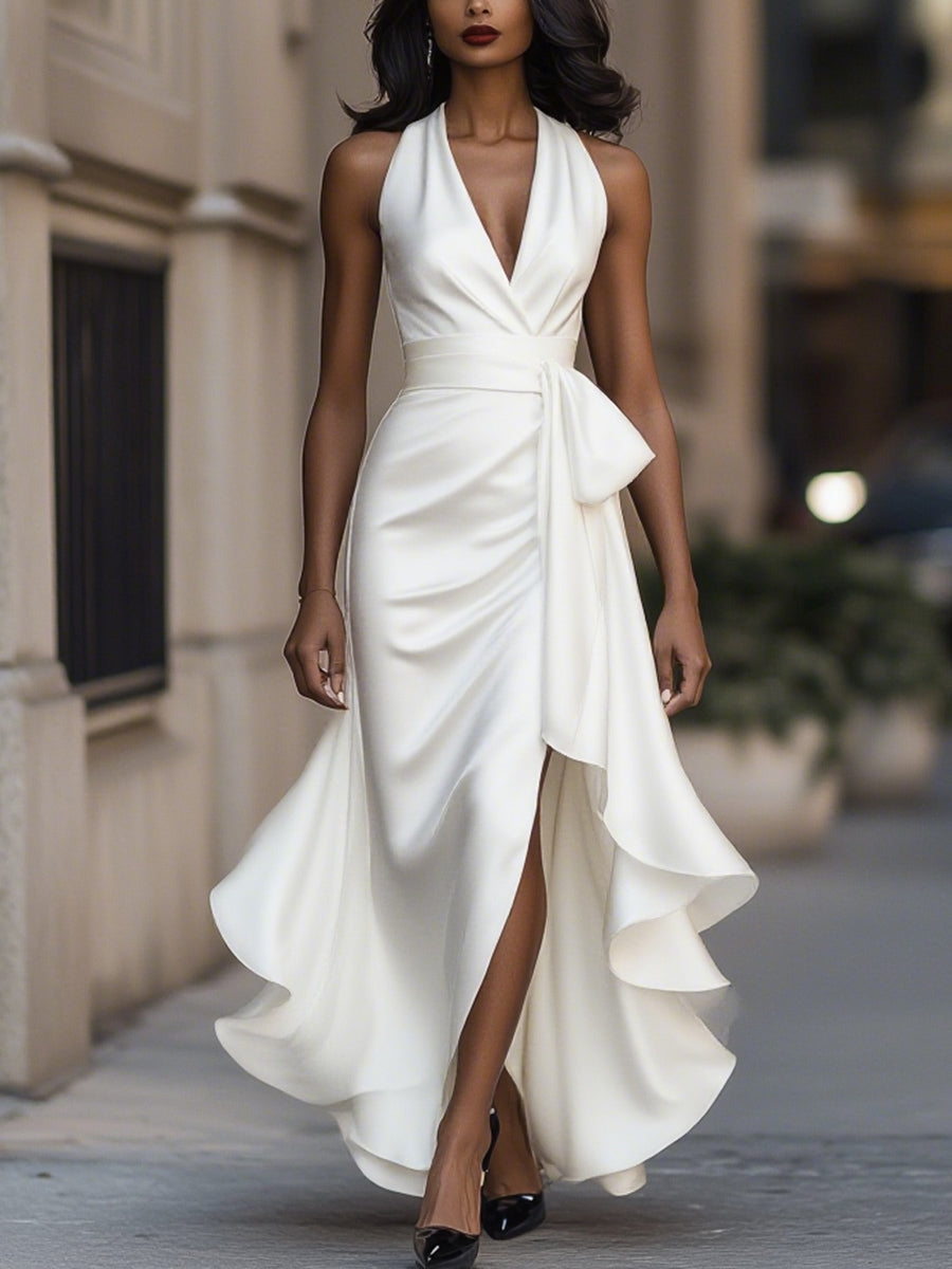 Midnight Elegance Satin Halter Ruffle Gown 8