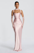 Square Neck Satin Maxi Dress Tie-Back – Calanthe 0