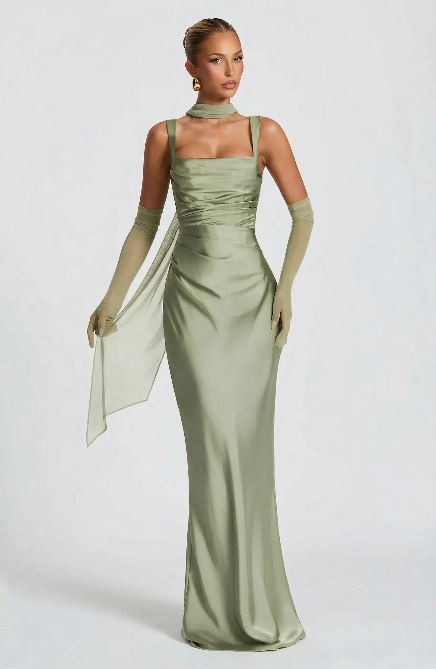 Square Neck Satin Maxi Dress Tie-Back – Calanthe 11