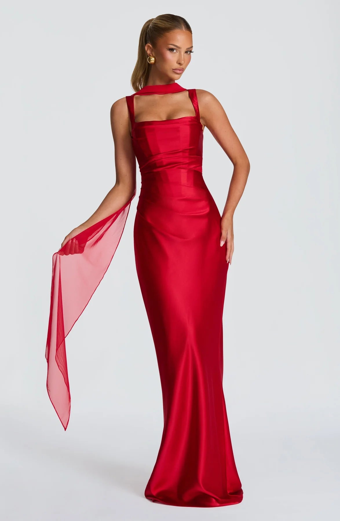 Square Neck Satin Maxi Dress Tie-Back – Calanthe 13