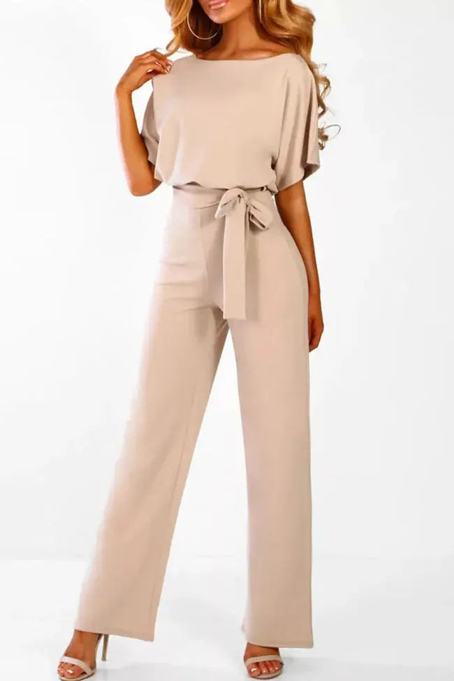 Wide-Leg Belted Short Sleeve Jumpsuit 0