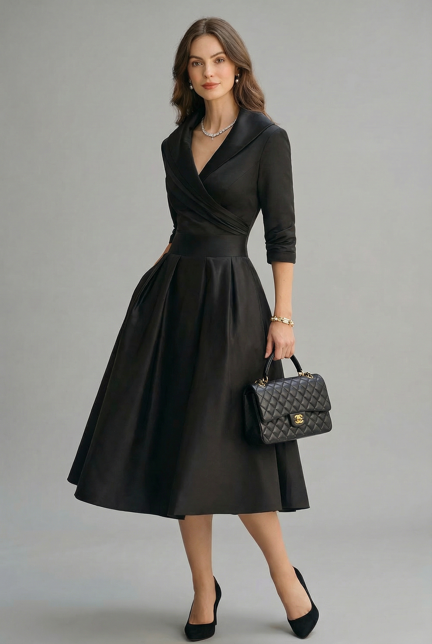 Women’s Ascot Elegant Wrap Midi Dress with Flared Skirt 1