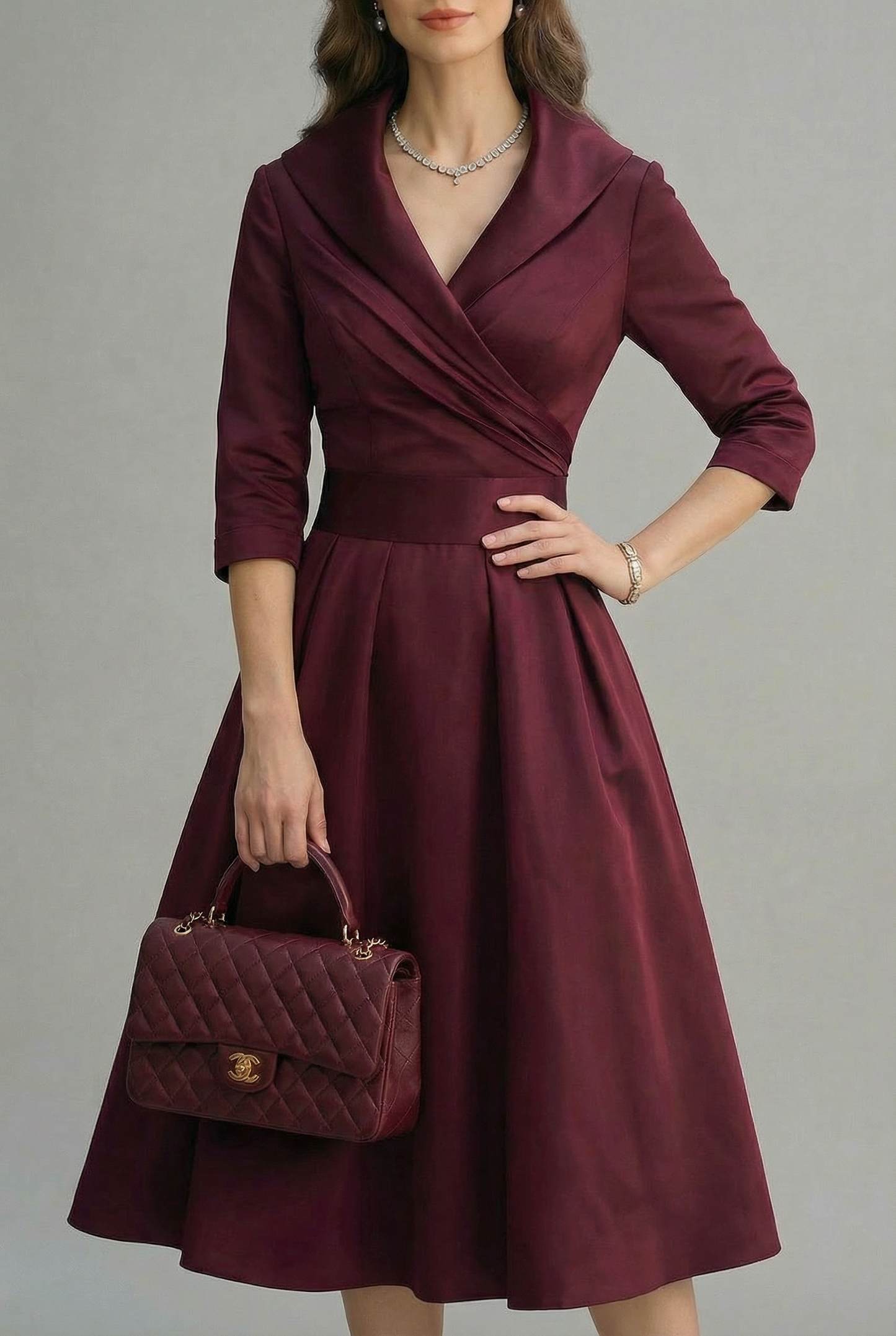 Women’s Ascot Elegant Wrap Midi Dress with Flared Skirt 8