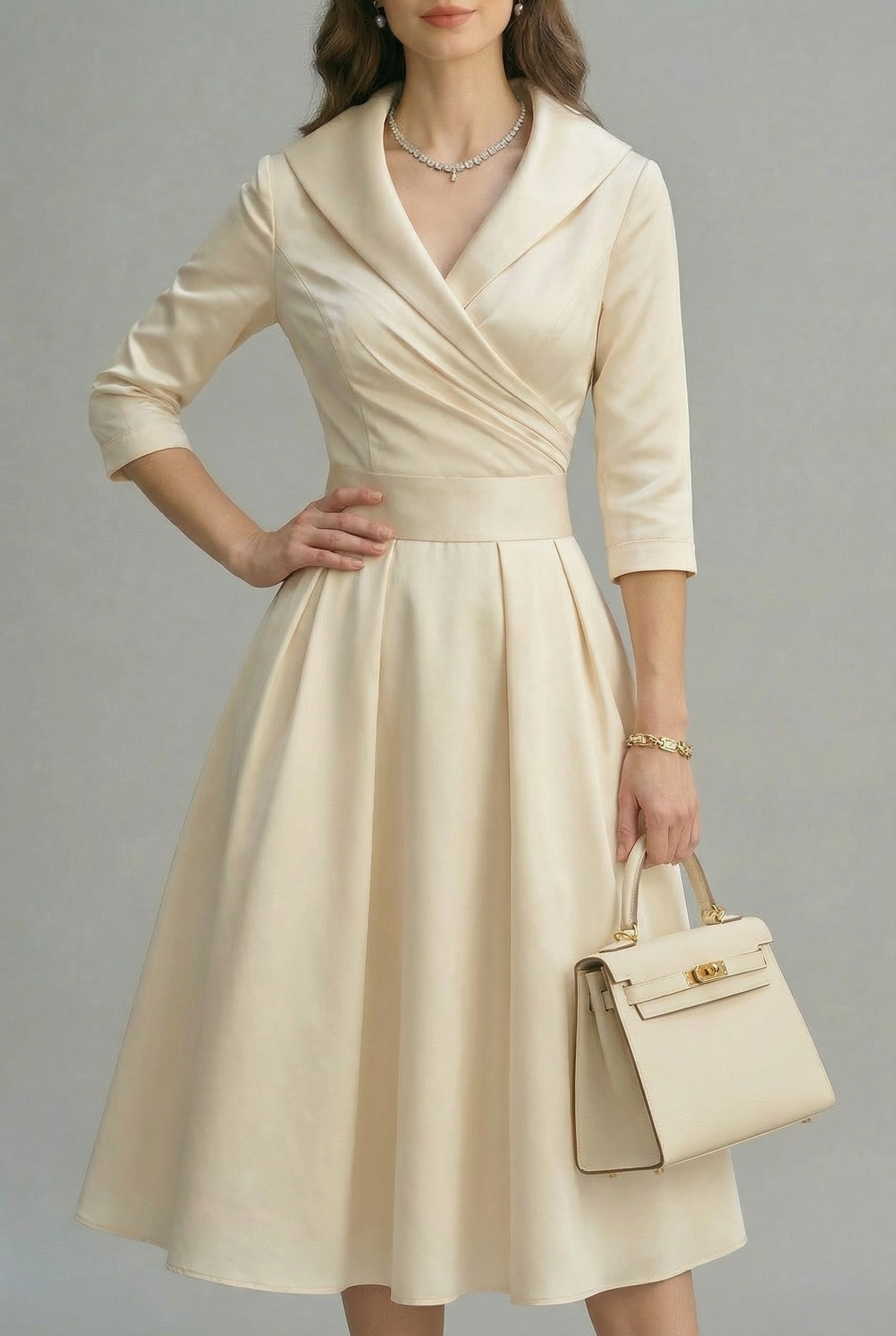 Women’s Ascot Elegant Wrap Midi Dress with Flared Skirt 9