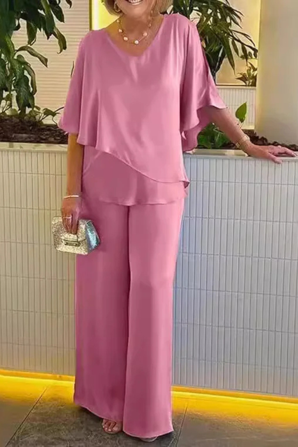 Women's Cobalt Blue V Neck Batwing Sleeve Top | Elegant Wide Leg Trousers Set | Stylish Two-Piece Outfit 2