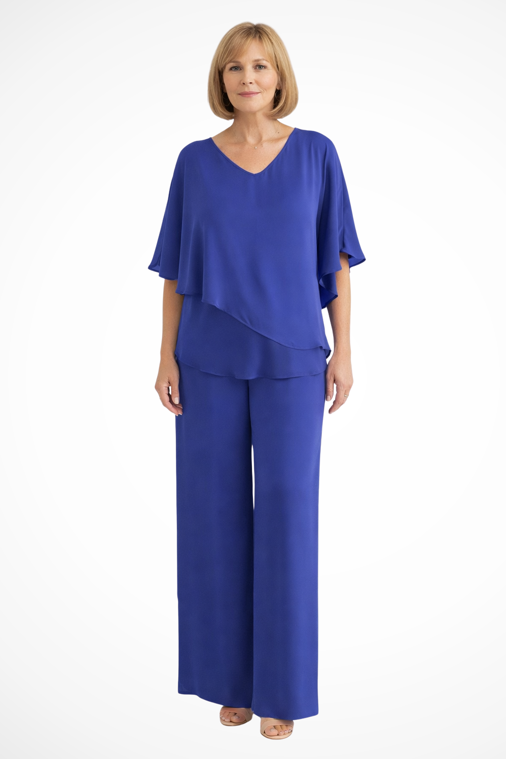 Women's Cobalt Blue V Neck Batwing Sleeve Top | Elegant Wide Leg Trousers Set | Stylish Two-Piece Outfit 3