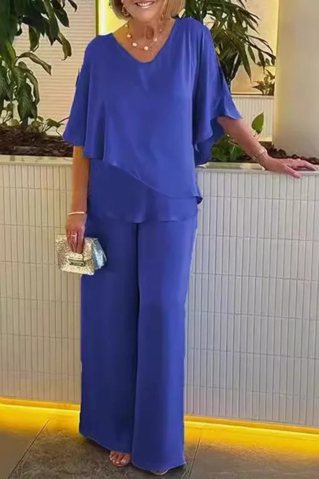 Women's Cobalt Blue V Neck Batwing Sleeve Top | Elegant Wide Leg Trousers Set | Stylish Two-Piece Outfit 4