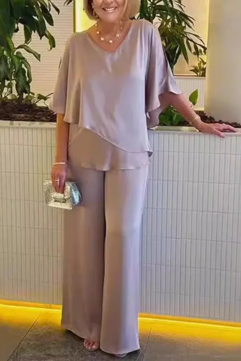 Women's Cobalt Blue V Neck Batwing Sleeve Top | Elegant Wide Leg Trousers Set | Stylish Two-Piece Outfit 8