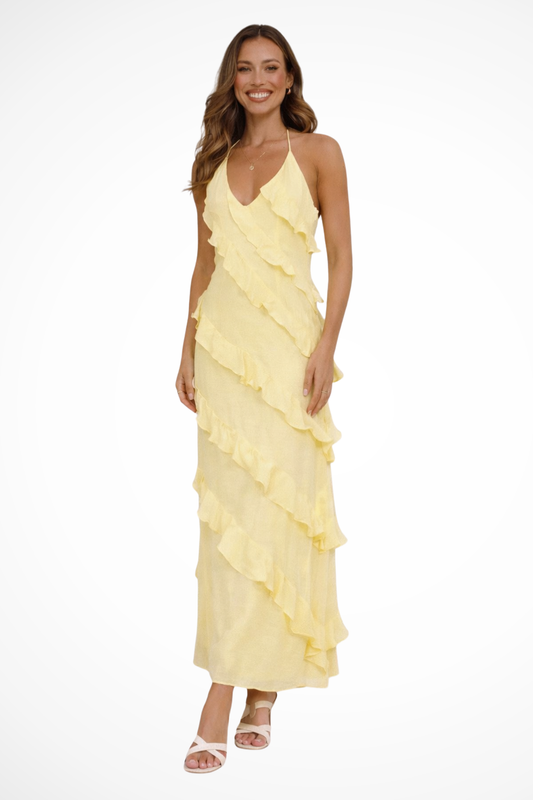 Women's Lightweight Ruffle Maxi Dress | Elegant Halter Neck Summer Gown 0