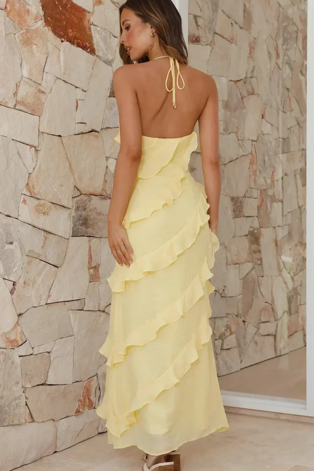 Women's Lightweight Ruffle Maxi Dress | Elegant Halter Neck Summer Gown 2