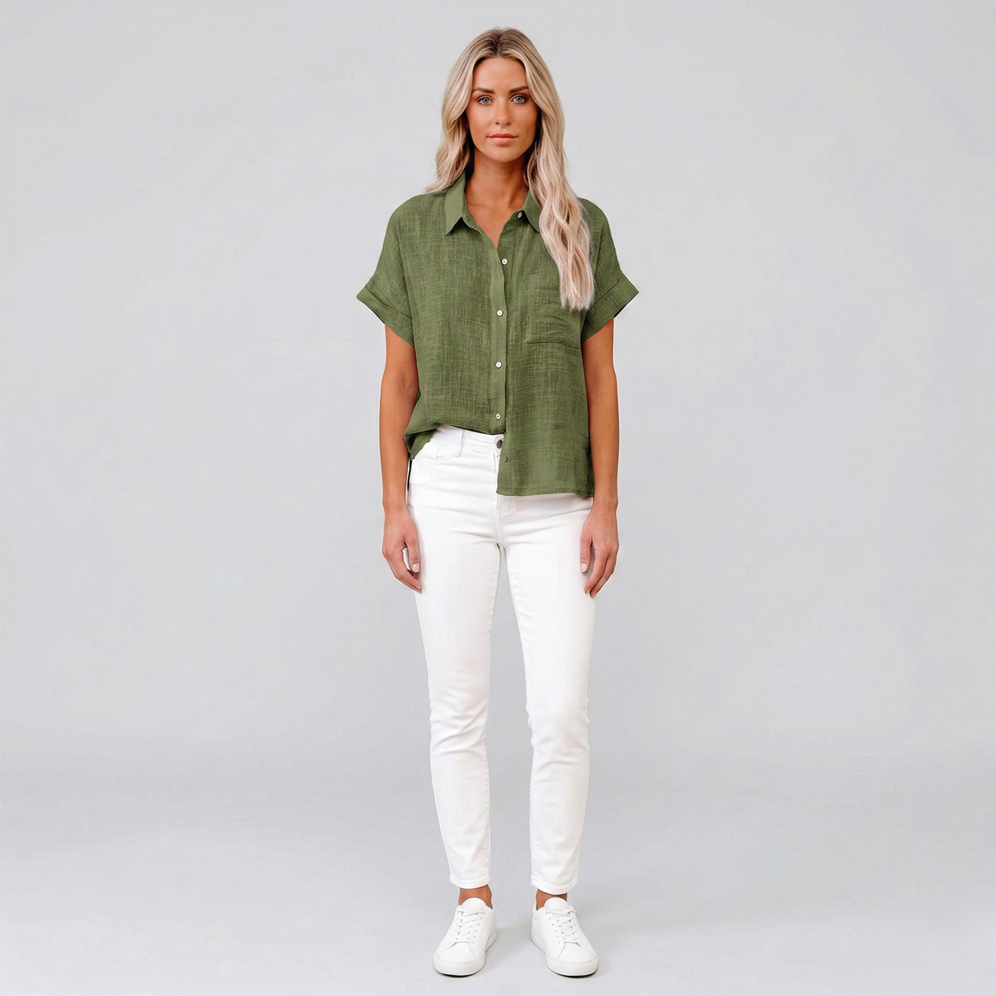 Women's Linen Shirt Short Sleeve Summer Blouse with Buttons 0